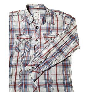 BKE Buckle Plaid Metal Button‎ Up Long Sleeve Shirt Roll Tab Slim Fit Men's XL